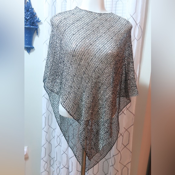 Cozy Casual Sweaters - Cozy Casual Sequin Accent Crocheted Women's Poncho (Black and White)